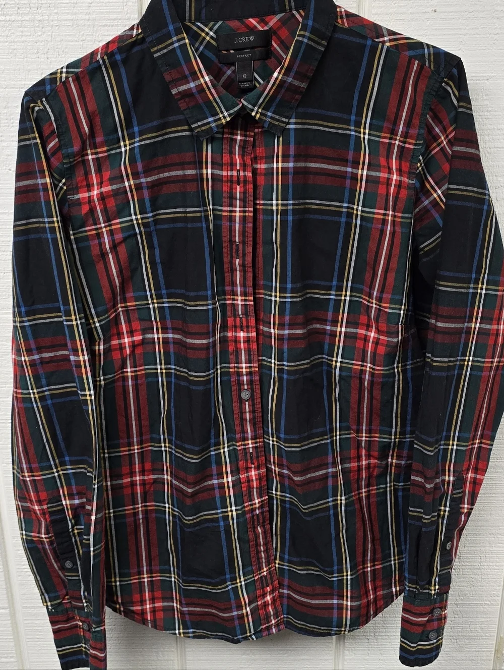 J. Crew Perfect Shirt Stewart Tartan Plaid Red Green Button Down 12 Preppy